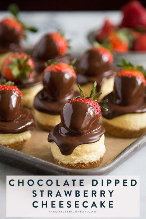 Mini cheesecakes topped with chocolate dipped strawberries Mini Easter Desserts, Chocolate Strawberry Cheesecake, Slow Cooker Desserts, Chocolate Dipped Strawberries, Strawberry Dip, Fancy Desserts, Mini Cheesecakes, Easter Dessert, Covered Strawberries