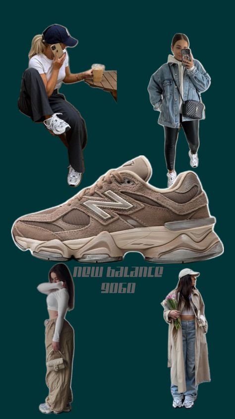 4 women one in each corner of the screen wearing casual outfits all spring the New balance 9060 sneaker with the shoe at large in the middle and the words New Balance 9060 the background is a dark green and the letters are gray New Balance 9060 Women, 9060 Outfit, New Balance 9060 Outfit, New Balance Outfit, New Balance 9060, Fashion Capsule Wardrobe, Fashion Capsule, New Balance Women, Cute Everyday Outfits