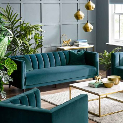 Teal Sofa Living Room, Green Sofa Living Room, Compact Sofa, Teal Living Rooms, Teal Sofa, Compact Sofas, Teal Velvet, Living Room Sofa Design, Three Seat Sofa