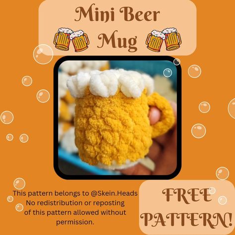 Leah Pearl | It's finally here!!!! My Mini Beer Mug Pattern for all to use!!!! Be sure to like, share, & Save for later so you can easily find it!!!!!… | Instagram Plushies Pattern, Crochet Beer, Mug Pattern, Mermaid Crochet Pattern, Bernat Yarn, Crochet Bookmark Pattern, Free Yarn, Seared Salmon, Crochet Fun