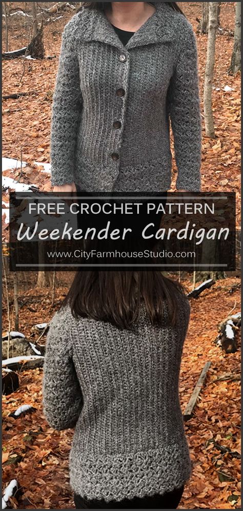 Free crochet Weekender Cardigan pattern by www.CityFarmhouseStudio.com  In sizes for XS-3XL.     #crochet #crochetsweater #crochetcardigan #crochetjacket #warm #freepattern Free Crochet Sweaters For Women, Casual Crochet Cardigan For Winter, Free Crochet Sweater Patterns For Women, Crochet Shirt Sweaters & Cardigans, Free Crochet Cardigan Patterns For Women, Crochet Cardigan Sport Weight Yarn, Fitted Casual Crochet Cardigan, Crochet Women’s Cardigan Free Pattern, Crochet Cardigan Pattern Free Women