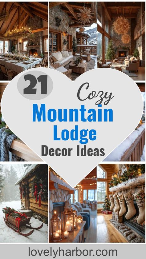 Holiday Cabin Ideas, Woodland Interior Decor, Ski Lodge Decor Mountain Houses, Ski Lodge Christmas Decor Ideas, Lodge Style Christmas Decor, Ski Resort Christmas Decor, Mountain Lodge Christmas Decor, Winter Chalet Aesthetic, Adirondack Decor Interiors