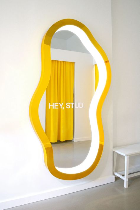 Studs Upper East Side - Ringo Studio Bold Retail Design, Retail Mirror Design, Retail Mirror, Yellow Velvet Curtains, Retail Aesthetic, Retail Store Furniture, Interior Retail Design, Upper East Side Manhattan, Upper East Side Nyc