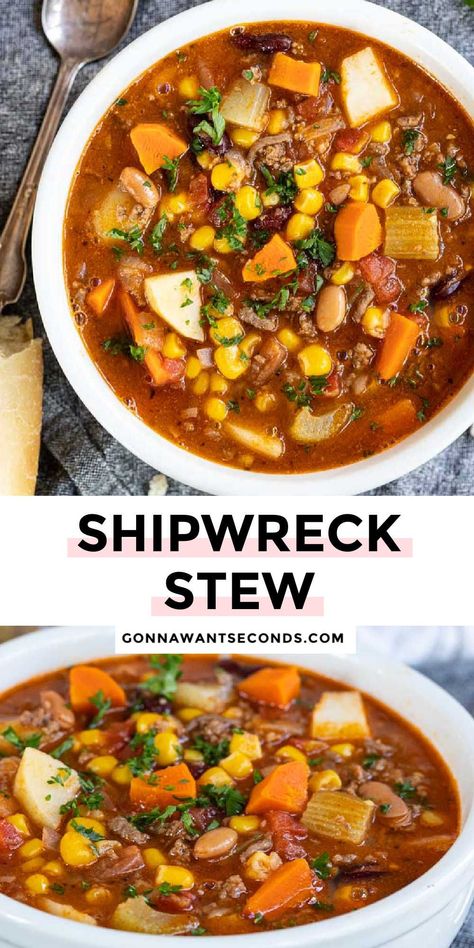 *NEW* This vintage Shipwreck Stew is a super easy, comforting, ground beef stew your whole family will love! It's nutrition packed while still being delicious! #stew #shipwreckstew Shipwreck Stew, Ground Beef Stew, Ground Beef Stews, Crockpot Soup Recipes, Fall Dinner Recipes, Soup And Stew, Hot Soup, Soup And Sandwich, Beef Recipes For Dinner