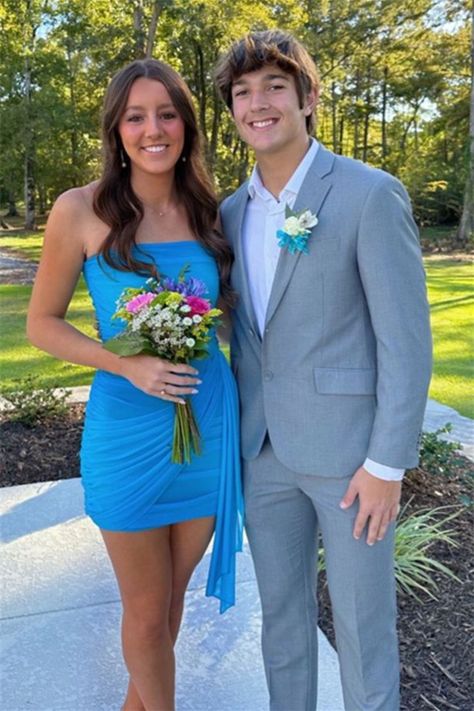 Strapless Blue Ruched Sheath Short Dress Light Blue Hoco Dress With Date, Blue Hoco Dress With Date, 2024 Hoco Dresses, Frosh Dresses, Dark Blue Hoco Dress, Navy Blue Hoco Dress, Strapless Hoco Dress, Light Blue Hoco Dress, Shimmer Dress Short