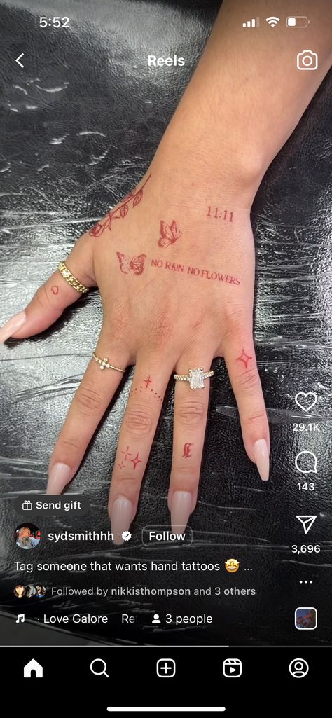 No Rain No Flowers Hand Tattoo, Name Hand Tattoos For Women, Name Tattoo Hand, No Rain No Flowers Tattoo, Stick And Poke Tattoo Ideas, Poke Tattoo Ideas, Name Tattoo On Hand, Painless Tattoo, Stick And Poke Tattoo