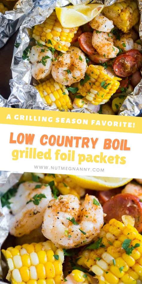 These low country boil foil packets are a breeze to make and packed full of flavor. Potatoes, corn, andouille sausage, and shrimp all together in an easy foil packet that you can bake in the oven or throw on the grill. You'll love this flavorful dish! Low Country Boil Foil Packets, Low Country Boil Recipe, Grilled Foil Packets, Shrimp Boil Foil, Foil Packet Dinners, Foil Dinners, Foil Pack Meals, Country Boil, Low Country Boil