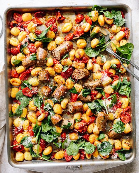 Italian Sausage Sheet-Pan Gnocchi Dinner Dinner With Sausage, Gnocchi Dinner, Sheet Pan Gnocchi, Easy Pasta Dinner Recipes, Gnocchi Dishes, Sausage Dinner, Baked Gnocchi, Easy Sheet Pan Dinners, Italian Sausage Recipes