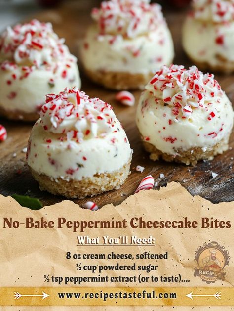 FAMILY RECIPES COMMUNITY | 🍥 No-Bake Peppermint Cheesecake Bites 🍰 | Facebook No Bake Peppermint Cheesecake Bites, No Bake Oreo Peppermint Cheesecake Bites, Pepermint Cheesecake, No Bake Peppermint Cheesecake, No Bake Cheesecake Bites, Powdered Sugar Recipes, Peppermint Cheesecake, Bake Desserts, Holiday Foods