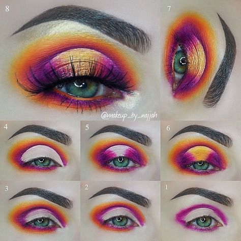 Profusion Kaleidoscope Palette Looks, Analogous Color Scheme Makeup, Creative Eye Makeup Step By Step, Colorful Halo Eye Makeup, Bold Eyeshadow Tutorial, Bright Colorful Eye Makeup Step By Step, Sunset Eyeshadow Looks Step By Step, Halo Eye Makeup Step By Step, Halo Makeup Looks