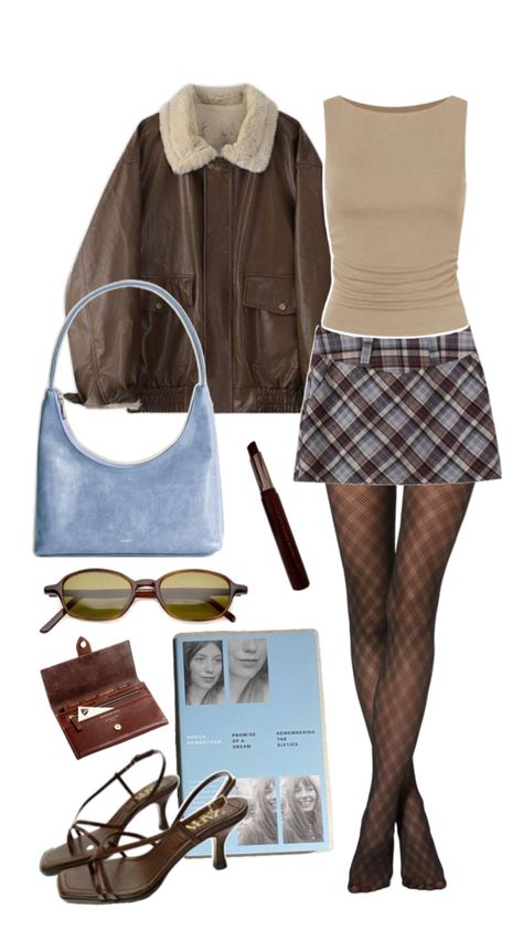 blue and brown outfit idea with jacket, bag, glasses, book and tights ! Dark Brown And Light Blue Outfit, Baby Blue And Brown Outfit, Brown Pantyhose Outfit, Navy Blue And Brown Outfit, Brown Stockings Outfit, Blue Brown Outfit, Brown Tights Outfit, Brown And Blue Outfit, Blue Tights Outfit