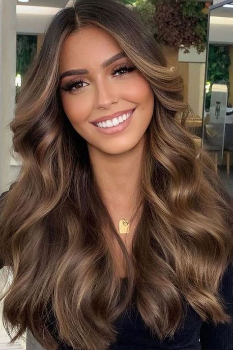 Full Hair Color Ideas Light Brown, Trendy Hair Colors For Brunettes 2023, Hair Color Ideas For Morenas, Dark Brunette To Light Brunette, Balayage Hair Mocha, Brow Hair Colour Ideas, Porcini Brown Hair, Hair Color Ideas For Latinas Brown Eyes, Carmel Balayage With Money Pieces