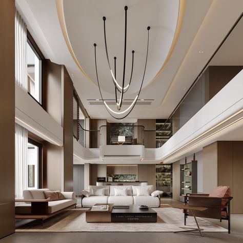 villa :: Behance Double Height Living Room, Penthouse Design, Entrance Decoration, High Ceiling Living Room, Best Modern House Design, Sala Grande, Living Room Themes, Ceiling Design Modern, Home Entrance