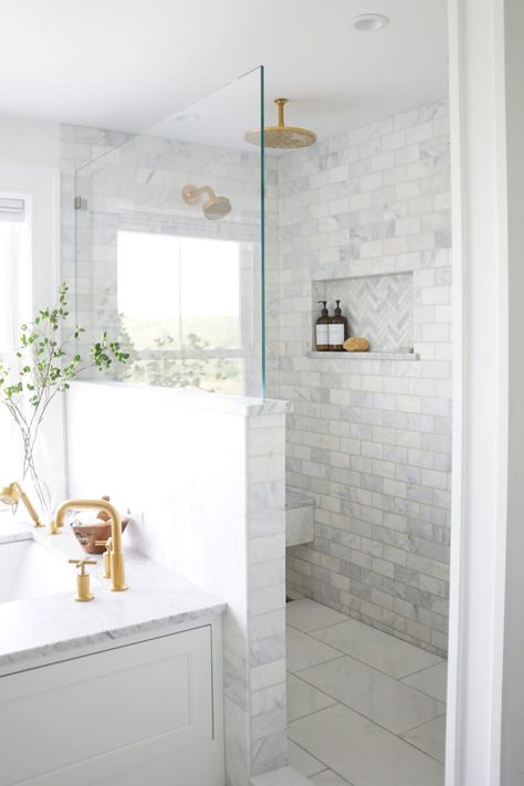 HOME TOUR: MASTER BATHROOM REVEAL | Red White & Denim Bathtub Inspiration Master Bath, Freestanding Bathtub With Tile Wall, Master Bath Ideas White, Timeless Master Bath Design, White Master Bath Ideas, Master Bath Tile Ideas, Timeless Master Bath, Herringbone Shower, Spa Like Bathrooms