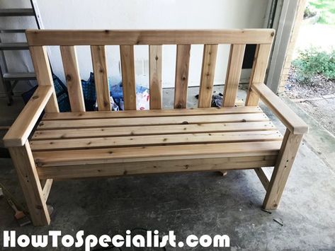 Wood Bench With Back, Outdoor Bench Plans, Garden Bench Plans, Wood Bench Outdoor, Diy Wood Bench, Pocket Holes, Garden Bench Diy, Diy Bench Outdoor, Wooden Garden Benches