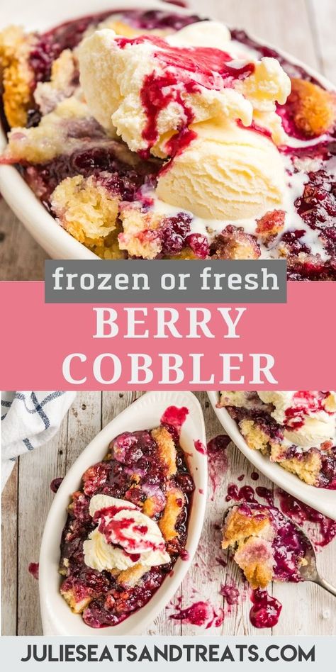 A delicious mixture of three different types of berries make this easy Berry Cobbler recipe a hit all the time. This is an easy dessert anytime of the year because it uses a mixture of frozen or fresh berries and is topped with a cake mix and sugar. It's quick, easy and always a hit! Perfect for an easy dessert when entertaining. Don't forget to top it with vanilla ice cream. #berry #cobbler Types Of Cobbler, Mixed Fruit Cobbler Recipes Easy, Mixed Berry Cobbler Recipe Frozen Fruit, Fresh Berry Cobbler, Frozen Berries Dessert Easy Recipes, Triple Berry Cobbler With Frozen Berries, Summer Cobbler Recipes, Mixed Berry Cobbler With Frozen Berries, Frozen Fruit Cobbler Recipes Easy