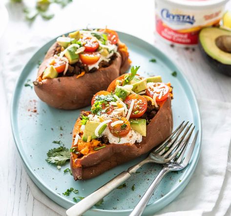 Sweet Potato Taco Boats with Ground Beef | Crystal Creamery Recipe Ground Beef, Taco Boats, Butternut Squash Casserole, Cottage Cheese Breakfast, Baked Butternut Squash, Sweet Potato Tacos, Potato Tacos, Sweet Potatoes, Breakfast Ideas