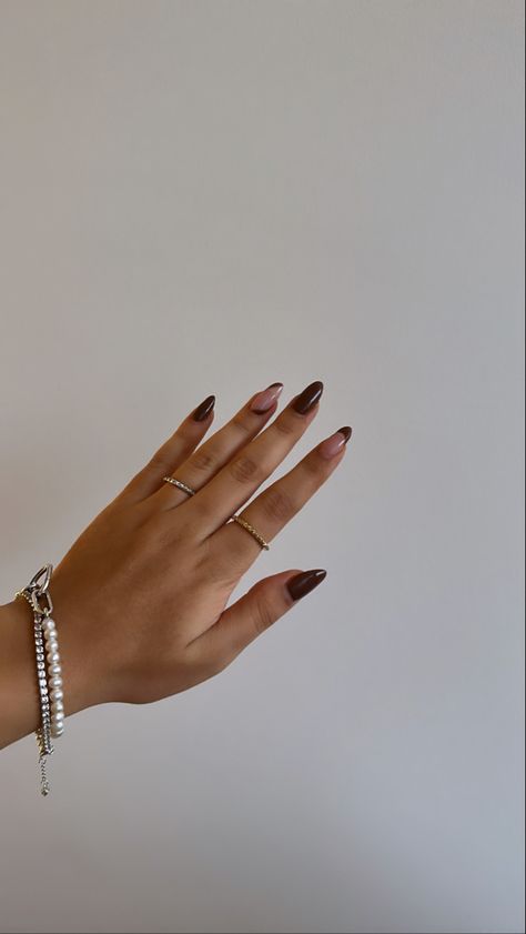 Brown Fall Almond Nails, Brown Nail Extensions, Brown French Tips Almond, Dark Brown Almond Nails, Nude Nail Extensions, Brown Color Nails, Nail Inspo Brown, Brown Nails Fall, Nails Fall Aesthetic