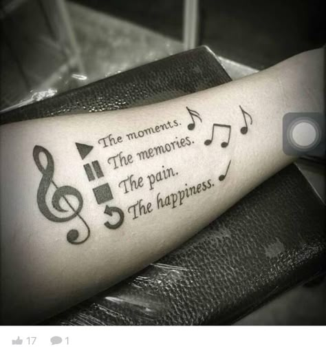 Play the moments pause the memories stop the pain rewind the memories Henne Tattoo, Tattoo Dotwork, Petit Tattoo, Tato Henna, Music Note Tattoo, Music Tattoo Designs, Note Tattoo, Tattoo Convention, Inspiration Tattoos