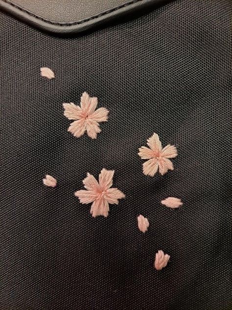 Embroidery Back Of Shirt, Black Jacket Embroidery, Cherry Blossom Hand Embroidery, Simple Thread Embroidery Designs, Cute Simple Embroidery Designs, Embroidery Patterns Aesthetic, Embroidered Cherry Blossoms, Flower Embroidery Clothes, Embroidery Inspo Clothes