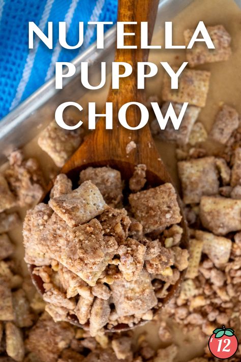 Nutella Puppy Chow | 12 Tomatoes Nutella Puppy Chow, Puppy Chow Mix, Sweet Snack Mix, Cinnamon Chex, Puppy Chow Recipe, Chow Recipe, Gluten Free Milk, Puppy Chow Recipes, Candy Bark