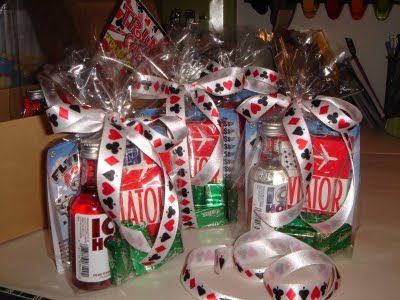 Party Prize Bags - Very simple to make and looked very cute!  Scratch off lottery tickets, deck of playing cards, mini bottle of alcohol, a couple dice, and some mints! Casino Night Party Favors, Casino Party Favors Ideas, Casino Theme Party Favors, Casino Prizes, Casino Party Favors, Casino Christmas, Bottle Of Alcohol, Casino Birthday Party, Vegas Theme Party