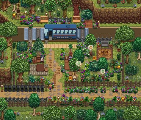 Strawdew Valley Farm Ideas, Stardew Valley Cottagecore Farm Layout, Overgrown Garden Farm Stardew Valley, Stardew Bus Stop Decor, Stardew Valley Farm Asthetic, Stardew Grandpas Farm Layout, Stardew Forest Farm Ideas, Pretty Stardew Valley Farm, Stardew Valley Farm Layout Forest Aesthetic