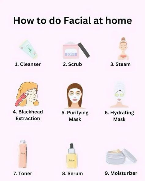 Facial at home 💜 . . Comment DM For Recommendations . Follow For More Such content 💜 . #skincaredaily #skincare #skin #skincareproducts #skincarebrand #skincaretip #skincarenatural #skincarerecommendations #skincareroutine #skincareaffordable #facial #oilyskin #sensitiveskin #dryskin Facial Cleaning Routine, Steps For A Facial At Home, Facial Spa At Home, At Home Facial Steaming, Diy At Home Facial Steps, How To Do Facial At Home Step By Step, Facial Order, Diy Skincare Products Recipe, Skin Care In Order