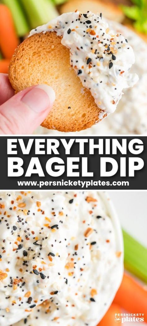 This 3-ingredient Everything Bagel Dip can be whipped up in minutes and served cold! It's got the garlicky, earthy flavors of everything bagel seasoning in a thick, creamy dip, perfect for dipping crackers, chips, bread, and veggies! | www.persnicketyplates.com Recipes For Everything Bagel Seasoning, Easy Dip Recipes Healthy, Dairy Free Cracker Dip, Everything Bagel Seasoning Recipes Dip, Everything Dip, Everything Bagel Dip Recipe, Everything Bagel Recipe Ideas, Dips For Crackers And Pretzels, Dips For Breads