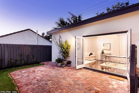 Blue Garage Door, Blue Herringbone Tile, Folding Garage Doors, 1920s Cottage, Indoor Outdoor Flow, Blue Garage, Garage Door Ideas, Diy Design Ideas, Garage Door Types