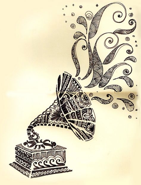 Gramophone Art Vintage Style Tattoos, Art Musical, Muster Tattoos, Mandala Art Lesson, Tableau Art, Ink Drawings, Mandala Design Art, Pens Pencils, Mandala Drawing