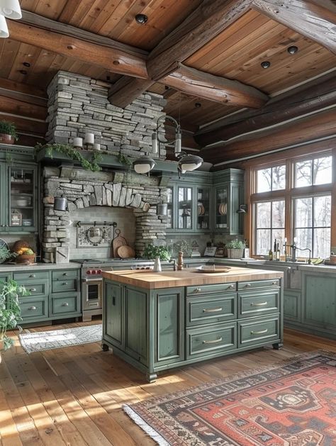 Ranch Houses, Mountain Kitchen, Green Kitchen Designs, Rustic Kitchens, Kitchen Cabinet Color Ideas, Sage Green Kitchen, Cabin Kitchen, Country Kitchen Designs, Rustic Kitchen Cabinets