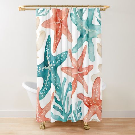 Get my art printed on awesome products. Support me at Redbubble #RBandME: https://www.redbubble.com/i/shower-curtain/Teal-Orange-Starfish-Beachy-Seashell-Pattern-by-SeaStarAlex/164509103.YH6LW?asc=u Orange Starfish, Seashell Pattern, Seashells Patterns, Pattern Shower Curtain, Teal Orange, Patterned Shower Curtain, Curtains For Sale, Shower Curtains, Starfish