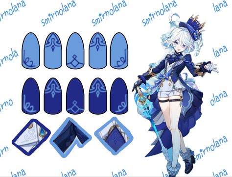 furina focalors nails design idea genshin impact Genshin Nail Ideas, Genshin Nails Design, Genshin Nail Art, Genshin Inspired Nails, Genshin Impact Nails Design, Genshin Impact Nails, Anime Nails Designs, Genshin Nails, Nail Anime