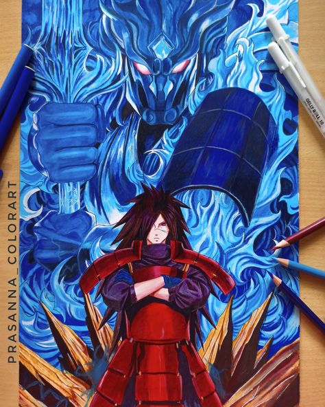 Madara Uchiha Madara Uchiha Drawing Color, Best Naruto Drawings, Madara Uchiha Sketch Pencil, Anime Drawing Painting, A3 Size Drawings, Anime Sketch Colored, Anime Drawing Coloured, Madara Uchiha Sketch, Colour Pen Drawing