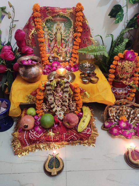 #navratri #durgapuja #ghatasthapna Durga Puja At Home, Simple Puja Decoration At Home, Navratri Home Decor, Navratri Puja At Home, Navratri Puja Decoration At Home, Durga Puja Decoration Ideas At Home, Navratri Theme Decoration, Navratri Decoration Ideas For Home, Navratri Decor