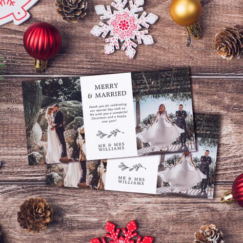 Merry And Married, Christmas Wedding Themes, Photo Wedding Card, Christmas Mistletoe, Christmas Wedding Invitations, Christmas Thank You, Married Christmas, Thank You Messages, Photo Wedding