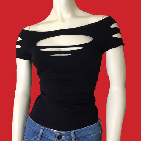 Easy Diy Goth Clothes, Ripped Shirt Ideas, Custom Shirts Ideas Diy Clothes, Diy Shirts Sew, Goth Tshirt Diy, Diy Muscle Tee, Upcycle Tee Shirts Diy, Diy Clothes Goth, Ripped Shirts Diy