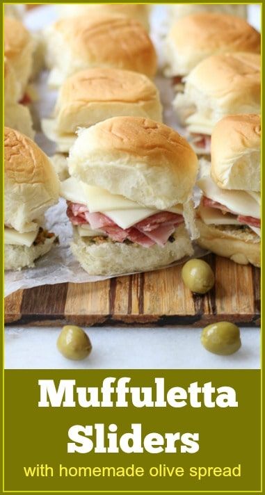 Pioneer Woman Muffaletta Sandwich, Muffalata Sliders, Easy Sides For Sandwiches, Muffelata Sliders, Muffalata Sandwich Recipes, Party Subs For A Crowd, Cajun Sliders, Muffelata Sandwich Recipe, Muffaletta Sliders