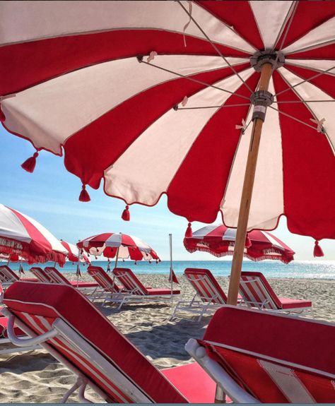 Red Beach Umbrella, Nantucket Bike Basket, Saint Tropez Beach, Bike Baskets, Pool Umbrellas, White Umbrella, Club Red, Red Beach, Red Umbrella