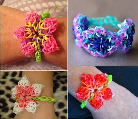 DIY Make Hibiscus Flower Rainbow Loom Pattern Bracelet Loom Bands Designs, Crazy Loom, Starburst Bracelet, Rubber Band Crafts, Rainbow Loom Patterns, Rainbow Loom Designs, Rainbow Loom Bands, Loom Charms, Loom Craft