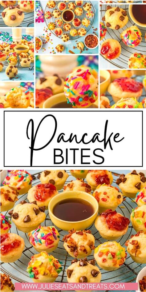 Muffin Tin Pancake Bites, Pancake Bites Muffin Tins, Muffin Tin Pancakes, Muffin Mix Pancakes, Pancake Mini Muffins, Pancake Bites Recipe, Shareable Desserts, Cinnamon Roll Waffles, Mini Breakfast