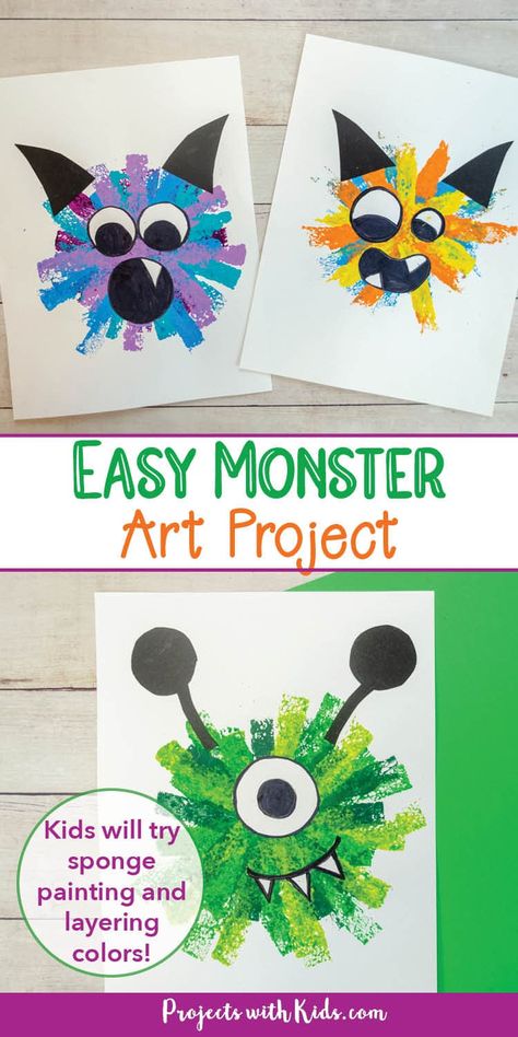 Preschool Art Activities Halloween, Second Grade Halloween Art Projects, Preschool Art Halloween, Art Class Halloween, Halloween Art For Kids Preschool, Halloween Art For Prek, Preschool Monster Art, Monster Toddler Crafts, Make Your Own Monster Kit