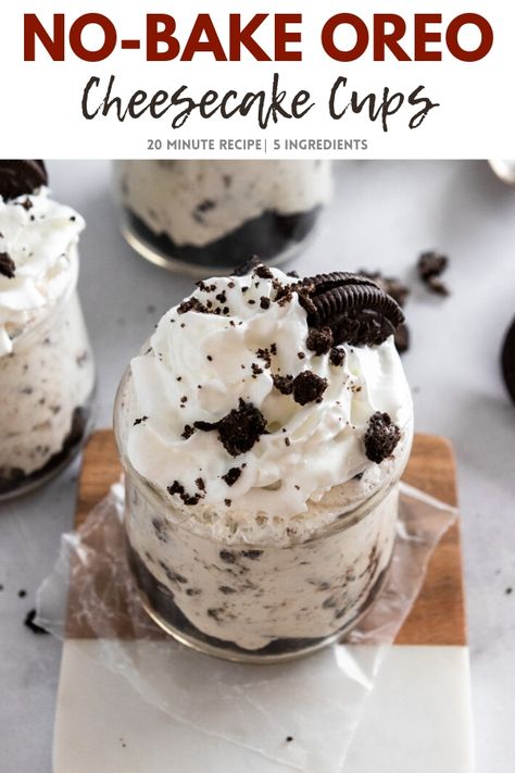 The easiest, 20 minute dessert you will ever that everyone will LOVE. These Oreo No-Bake Cheesecake Cups are the perfect summer treat. 5 Ingredients and so simple to toss together! #oreo #oreocheesecake #nobakecheesecake Oreo Cheesecake Cups, Lemon Zest Recipes, Cheesecake Cups Recipe, Baked Caramel Apples, Oreo Stuffed Chocolate Chip Cookies, Oreo Desserts, No Bake Oreo Cheesecake, Cookies And Cream Cheesecake, Dessert Cups Recipes