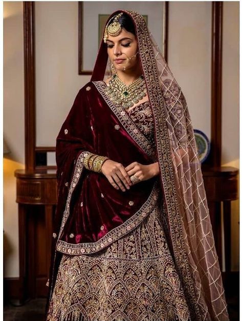 18+ Gorgeous Bridal Lehenga With Double Dupatta - ShaadiWish Red Velvet Dupatta Bride, Double Duppata Bridal Lehenga Pakistani, How To Drape Double Dupatta On Lehenga, Double Dupatta Lehenga Draping Bridal, Bridal Lehenga With Velvet Dupatta, Velvet Dupatta Bridal Lehenga, Bridal Lengha Duppata Style, How To Drape Velvet Dupatta On Lehenga, Double Duppta Lehnga Bride