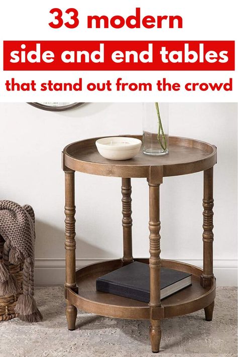 Small Occasional Tables, Short Side Table, Chair Side Table Ideas, Round Side Tables In Living Room, Round Wood End Table, Side Table Between Two Chairs, Small End Table Decor, Table Between Two Chairs Living Rooms, Small Side Table In Living Room