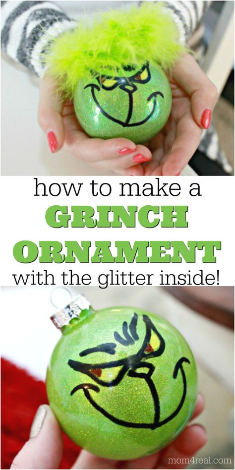 Grinch Glitter Ornaments Diy, Diy Christmas Ornaments Paint Inside, Grinch Bulbs Diy Ornaments, Easy Grinch Crafts For Adults, Grinch Face Ornaments Diy, Grinch Rock Painting Ideas, Grinch Glitter Ornament, Grinch Homemade Ornaments, Diy Christmas Ornaments Grinch