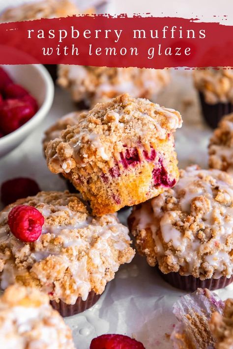 Topped with a simple streusel and lemon glaze, these lemon raspberry muffins are a delicious summer snack and ready in 30 minutes. Raspberry Poppyseed Muffins, Lemon Berry Muffins, Homemade Raspberry Muffins, Summer Muffin Recipes, Fruit Muffin Recipes, Raspberry Lemon Muffins, Berry Muffin Recipe, Gluten Free Dairy Free Muffins, Raspberry Muffin Recipes