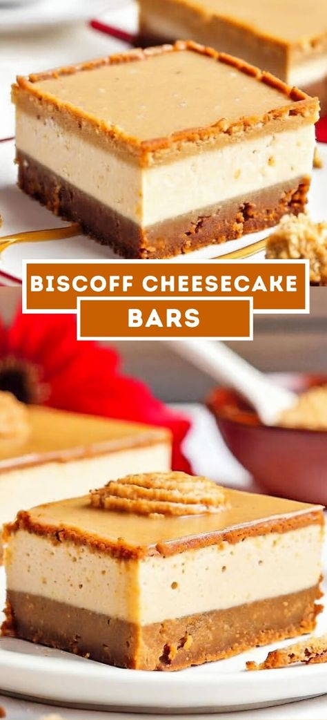 Biscoff Cheesecake Bars Biscoff Cheesecake Bars, Biscoff Cream, Dessert Squares, Biscoff Cheesecake, Biscoff Cookie Butter, Biscoff Spread, Banana Cheesecake, Cheesecake Bar Recipes, Baked Cheesecake Recipe