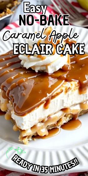 Easy No-Bake Caramel Apple Eclair Cake Caramel Apple Eclair Dessert, No Bake Caramel Apple Cake, No Bake Caramel Apple Lush, Carmel Apple Eclair Cake, No Bake Caramel Apple Pie, No Bake Caramel Apple Eclair Cake, Apple Lasagna Dessert, Easy Eclair Dessert, Eclare Cake Desserts